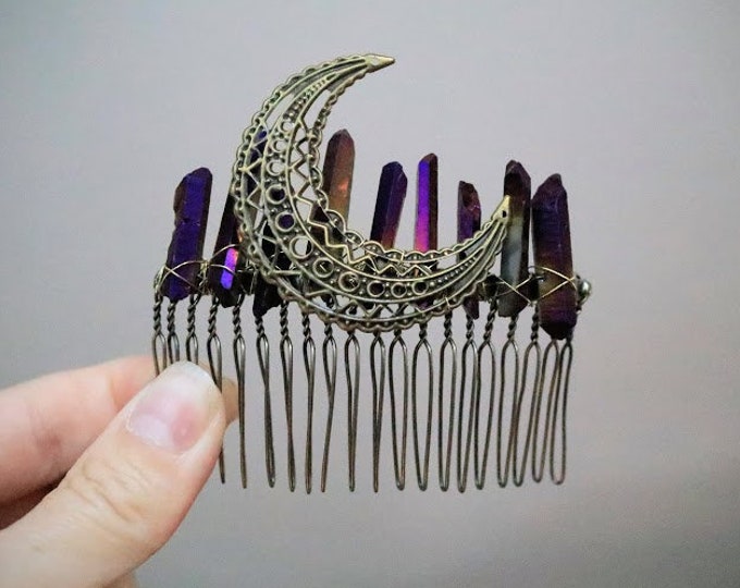 Hallows Moon // crescent moon and raw purple crystal hair comb