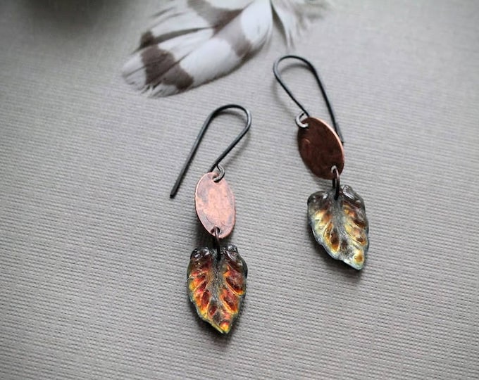 Falling // iridescent glass leaf earrings with copper ovals