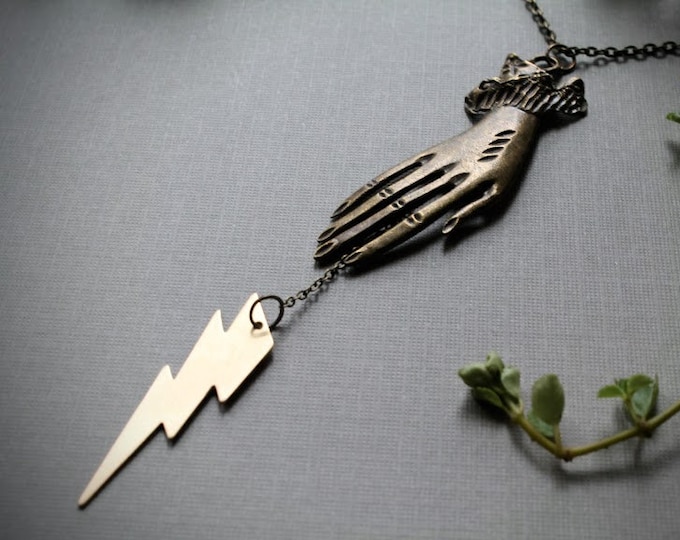 Spell Casting in Bronze // large brass hand and lightning bolt necklace