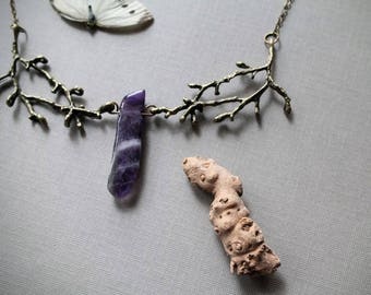 Brambles in Hickory // brass branch and amethyst necklace