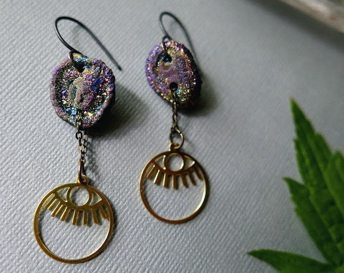 Hanging Brightly // brass eye and rainbow druzy earrings