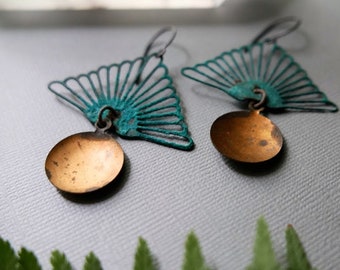 Sunrise in the Forest // verdigris triangle earrings with golden discs