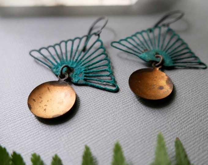 Sunrise in the Forest // verdigris triangle earrings with golden discs