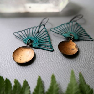 Sunrise in the Forest // verdigris triangle earrings with golden discs