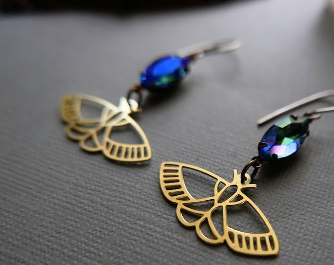 Azul // raw brass butterfly and blue crystal earrings