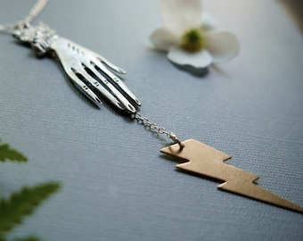 Spell Casting in Silver// large silver hand and lightning bolt necklace