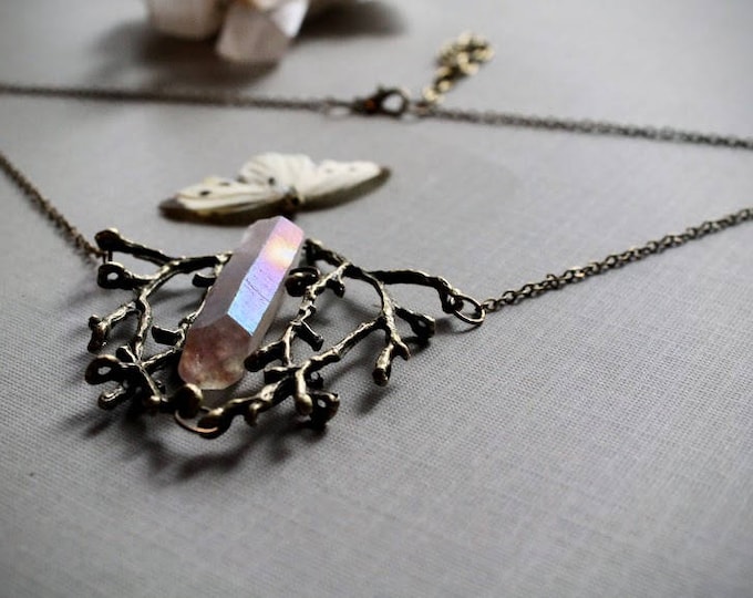 Elven Heart in Hickory // brass branch and crystal point necklace
