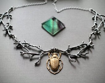 June Bug // beetle and silver branch necklace