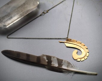 Curled // large brass feather necklace