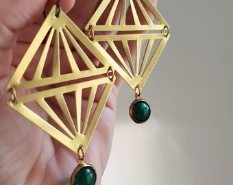 Bizarre Love Triangle // brass triangles and glowing green glass orb earrings