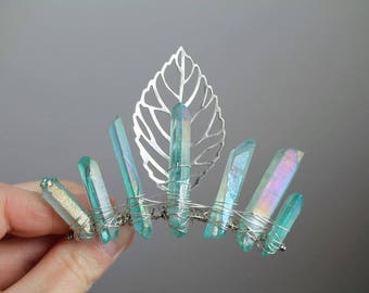 Whisper // aqua aura crystal and leaf mini crown