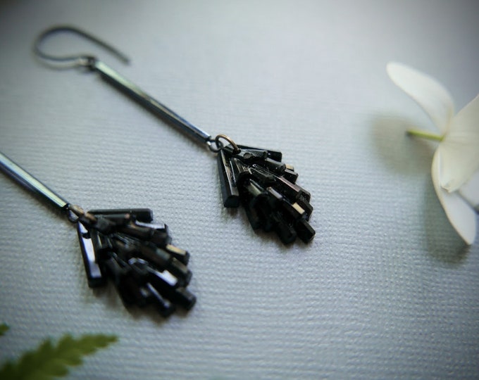 Black as Pitch // long black pine sprig earrings