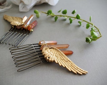 Valkyrie // raw crystal and golden wings hair combs - choose your crystal color! - perfect for a viking costume!