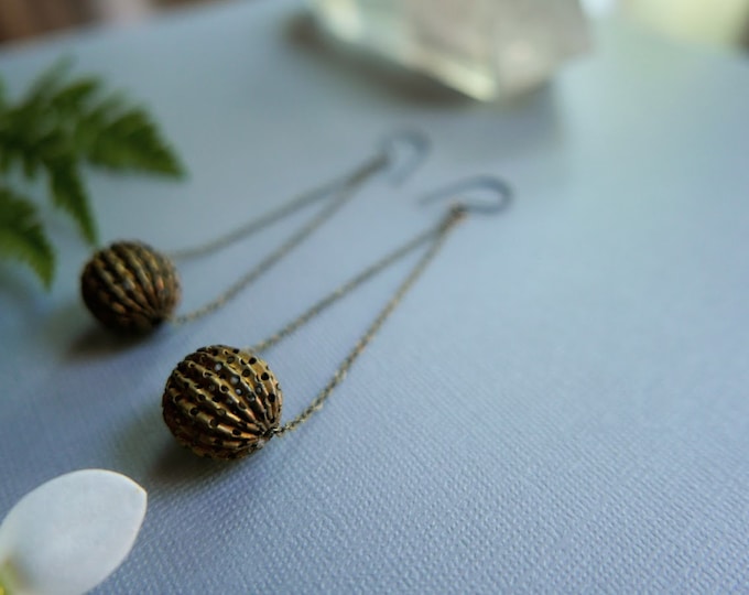 Mace and Chain // long vintage brass ball earrings