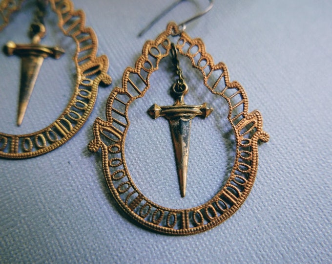 My Little Dagger // large filigree earrings with brass daggers