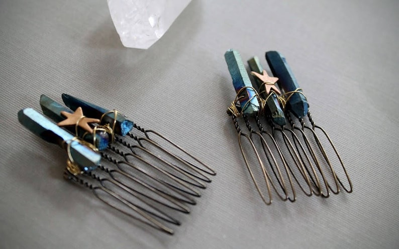 you can choose a single one or a pair! Star Catcher  brass star and blue crystal hair comb