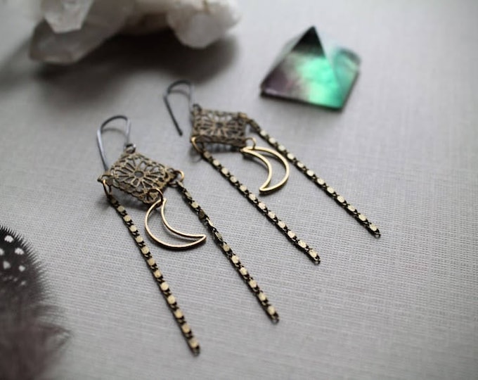 Harvest Moon // crescent moon and brass filigree diamond earrings