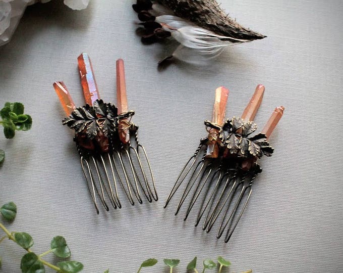 Forest Nymph // brass leaf and raw orange crystal hair combs - you can choose a single one or a pair!