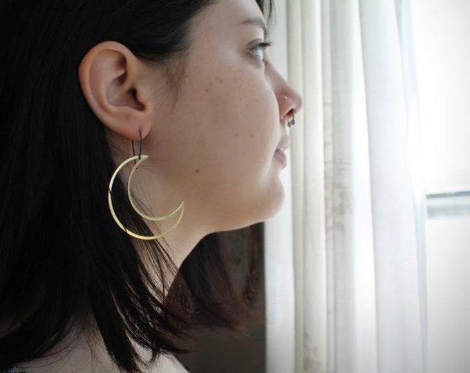 Moon Maiden // extra large brass crescent moon earrings