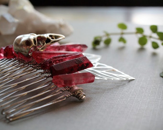 Red Sparrow // silver bird skull hair comb with silver leaves and blood red crystals