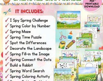 Pode incluir: Um pacote de atividades de primavera para crianças, imprimível e colorido. Inclui 14 páginas de atividades como Eu vejo, eu vejo, colorir por números, labirinto, quebra-cabeça de tempo, encontrar as diferenças, decorar a paisagem, completar a imagem, conectar os pontos, construir um coelho, pesquisa de palavras, atividade de colorir e caça às borboletas.
