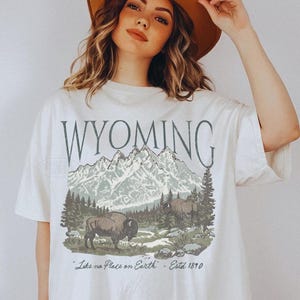 May include: White t-shirt with a graphic of a mountain range, bison, and trees, with the word "WYOMING" above the image. The text "Like no Place on Earth - Estd 1890" is below the graphic.