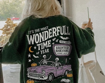 Vintage Halloween Sweatshirt 90s Haunted Bookstore Shirt Trendy Bookish Halloween Crewneck Dancing Skeleton Spooky Wonderful Time of th Year