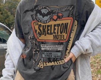 Vintage Skeleton Motel Tee Comfort Colors® 90s Haunted Mansion Retro Halloween Tshirt Summerween Cult Classic Horror Funny Halloween Shirt