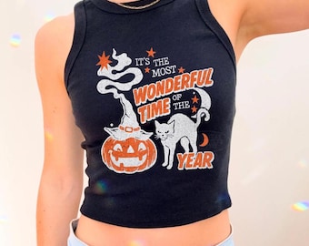 Vintage Halloween in Summer Ween Tank Top 90s Baby Tee Retro Spooky Black Cat Crop Top Most Wonderful Time Hot Ghoul Summer Witchy Tank Top