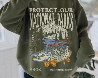 Protect Our National Parks-sweater - HET ORIGINEEL - jaren 90 natuur vintage visshirt Protect Our Parks hoodie mueslimeisje camping ronde hals