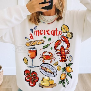 Sudadera italiana UNSX, camiseta de mariscos del mercado italiano, suéter italiano, suéter de chica tomate, suéter de verano Dolce Far Niente Costa de Amalfi, cuello redondo de langosta