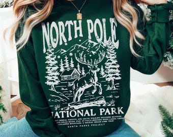 North Pole National Park Sweatshirt Vintage Christmas Wildlife Reindeer Sweater Granola Girl Gift Winter Wonderland Shirt Holidays at Cabin