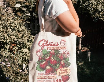 Strawberry Tote Bag 90s Farmers Market Shopping Bag Cotton Summer Shoulder Bag Eco Friendly Bag California Boho Aesthetic Canvas Tote Bag