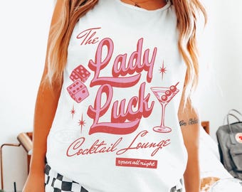 Lady Luck Cocktail Lounge Tank Top Comfort Colors® Vintage Lucky Girl Aesthetic Western Grunge 8 Ball Martini Tee Cowgirl Vegas Trip Shirt