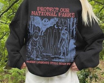Sudadera del Parque Nacional Cryptid UNSX años 90 Protege Nuestros Parques Vintage Camping Senderismo Cuello redondo Retro Wanderlust Camiseta Criaturas Fantásticas Suéter