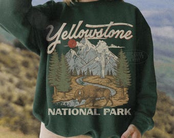 Yellowstone National Park Sweatshirt UNSX Vintage Fluffy Cows Crewneck 90s Protect Our Park Old School Shirt Hiking Hoodie Nature Lover Gift