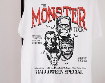 Camiseta unisex Monster Tour Comfort Colors® Camiseta de Halloween vintage de moda de los 90 Camiseta retro de terror de culto para amantes de los monstruos Top de verano