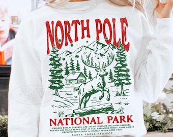North Pole National Park Sweatshirt Vintage Christmas Wildlife Reindeer Sweater Granola Girl Gift Winter Wonderland Shirt Holidays at Cabin