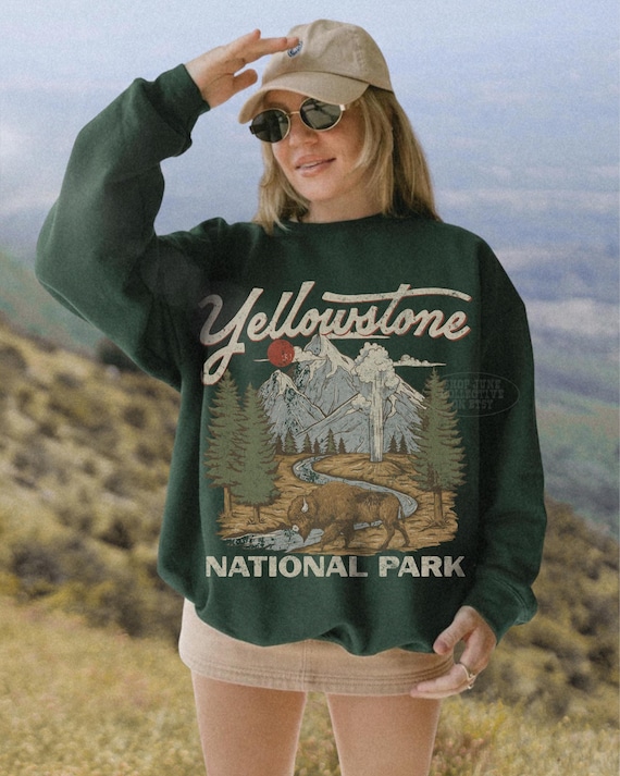 Yellowstone National Park Sweatshirt UNSX Vintage Fluffy Cows Crewneck 90s Protect Our Park Old School Shirt Hiking Hoodie Nature Lover Gift
