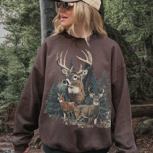 Vintage Deer Sweater 90s Cabin Pullover Grandpa Core Rustic Forest Wilderness Crewneck Nature Lover Gifts Woodland Animals Sweatshirt Dark Brown