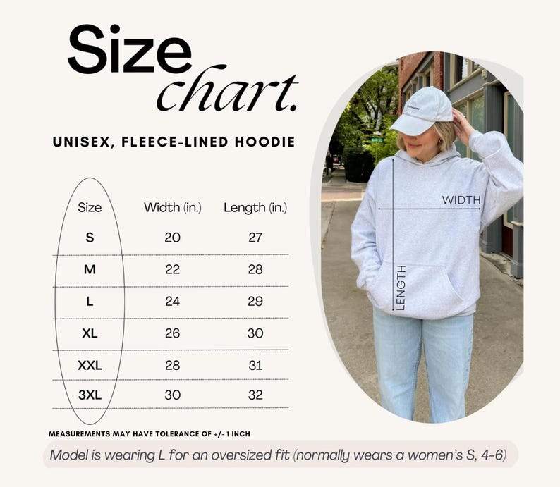 May include: A size chart for a unisex fleece-lined hoodie, displaying width and length measurements in inches for sizes S through 3XL. The chart includes a visual guide showing how to measure width and length on a light grey hooded sweatshirt.