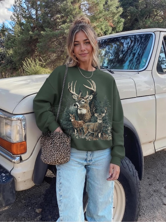 Vintage Deer Sweater 90s Cabin Pullover Grandpa Core Rustic Forest Wilderness Crewneck Nature Lover Gifts Woodland Animals Sweatshirt