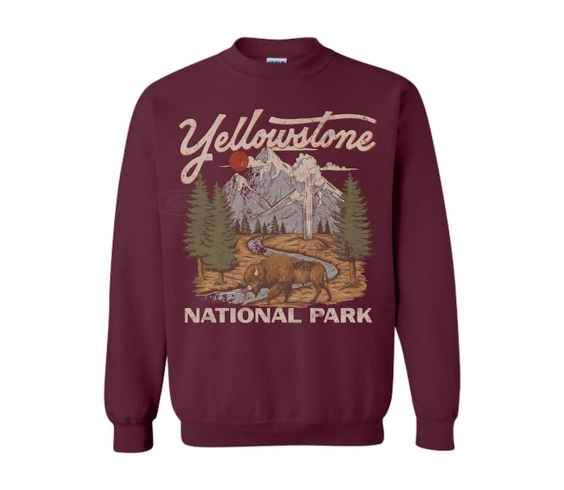 Yellowstone National Park Sweatshirt UNSX Vintage Fluffy Cows Crewneck 90s Protect Our Park Old School Shirt Hiking Hoodie Nature Lover Gift Maroon