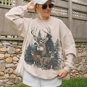 Vintage Deer Sweater 90s Cabin Pullover Grandpa Core Rustic Forest Wilderness Crewneck Nature Lover Gifts Woodland Animals Sweatshirt Sand