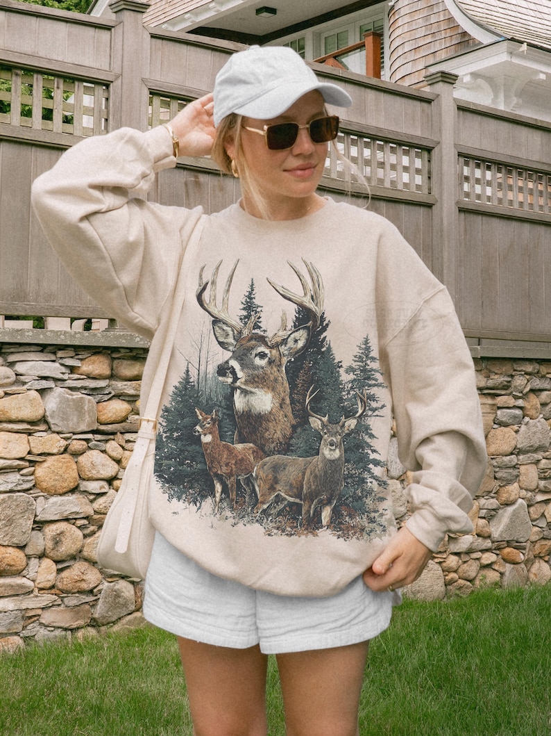 Vintage Deer Sweater 90s Cabin Pullover Grandpa Core Rustic Forest Wilderness Crewneck Nature Lover Gifts Woodland Animals Sweatshirt Sand