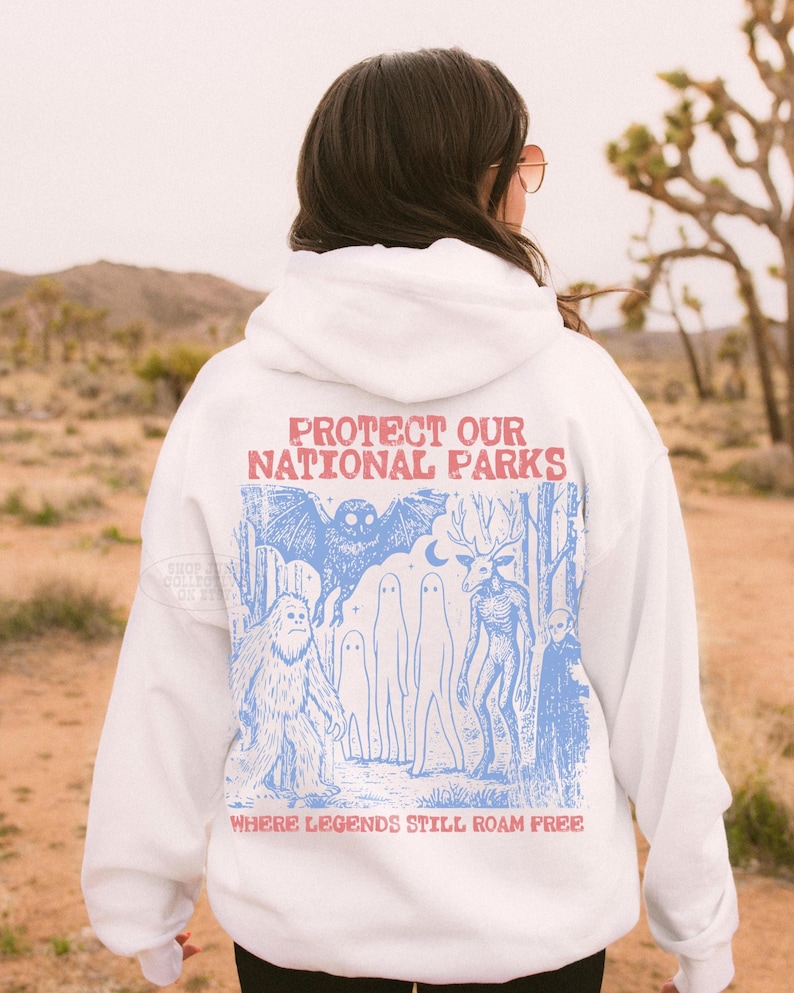 Cryptid National Parks Hoodie UNSX jaren 90 Bescherm onze parken Vintage Camping Wandelsweatshirt Retro Wanderlust Shirt Fantasiewezen Hoodie White