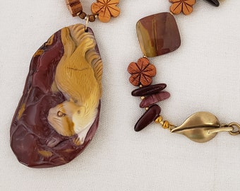 Otter Pendant & Dragonfly beads of Carved Australian Mookaite, Hawaiian Koa Wood Flowers Long Necklace