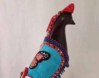 Ironwood Quail with Bead Embroidered coat of Red and Turquoise