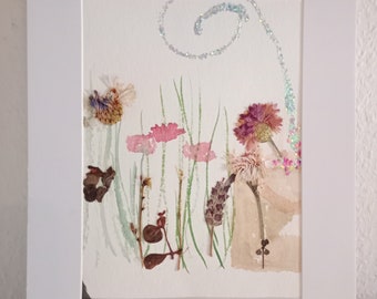 Beautiful passepartout watercolor with real flowers as a collage