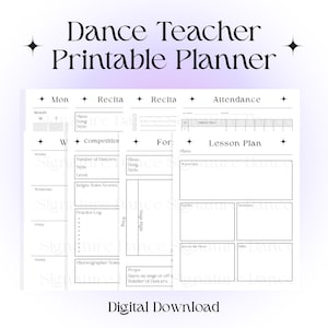 Puede incluir: Un planificador imprimible para profesores de baile con un fondo blanco y un borde degradado púrpura. El planificador incluye secciones para planes de lecciones, asistencia y notas de recital. El texto incluye "Dance Teacher Printable Planner" y "Digital Download."